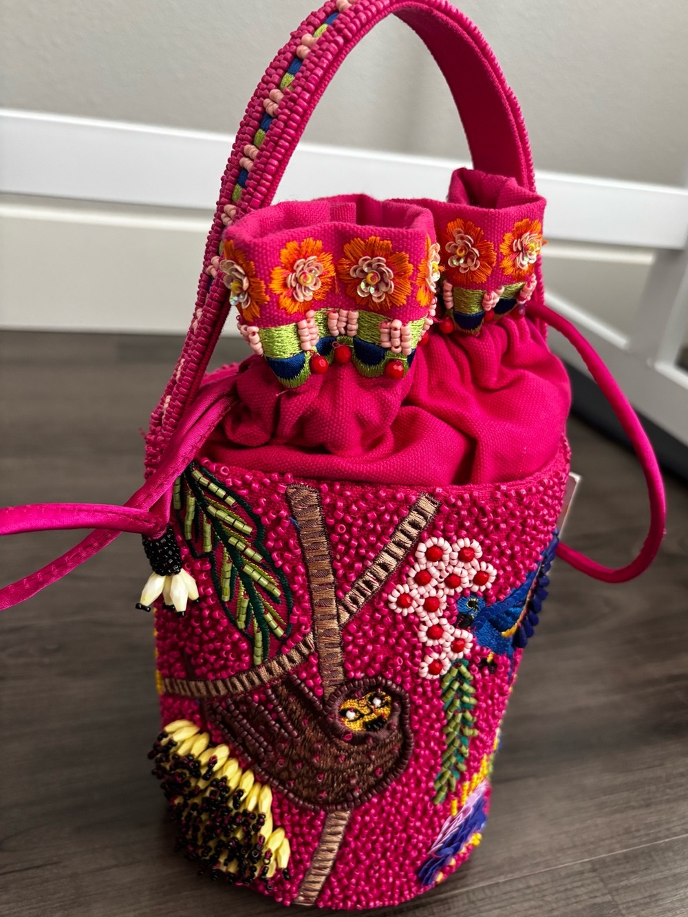 Handcrafted India Fuchsia Tropical Beaded Bucket Bag NWT